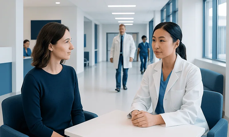 Doctor consulting with a patient in a modern hospital corridor.