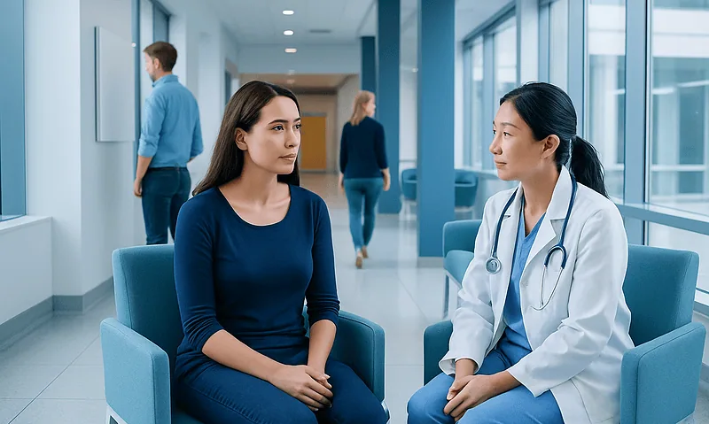 Female patient consulting with a doctor in a modern hospital corridor.