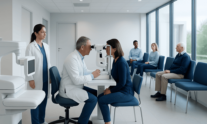 Ophthalmologist examines patient's eyes in a modern clinic setting.