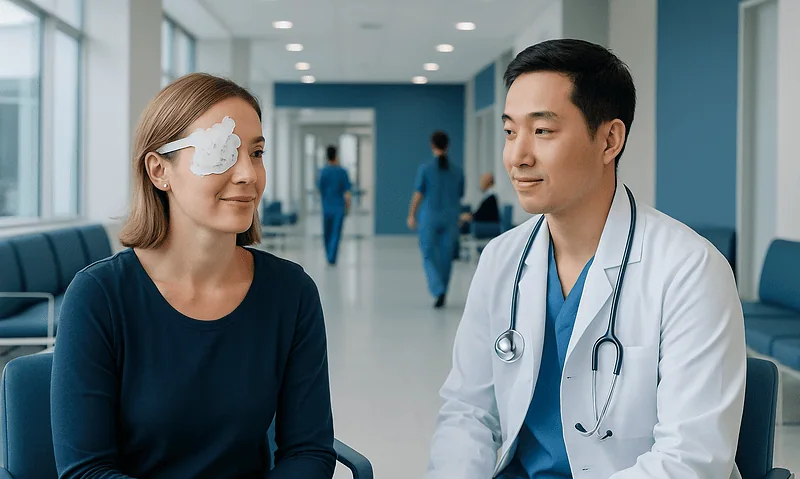 Patient with eye patch consulting with doctor in hospital corridor.