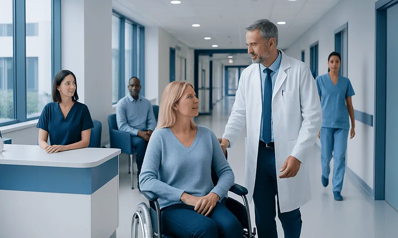 Doctor consulting female patient in hospital corridor with medical staff nearby.