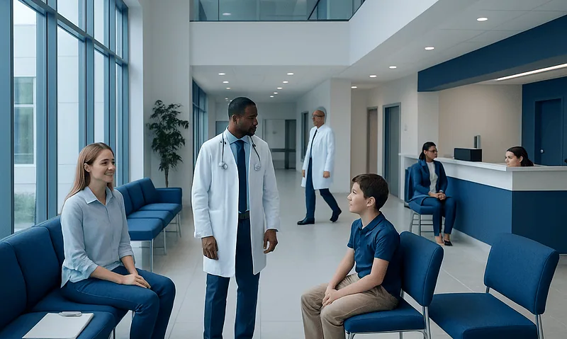 Doctor consulting with a young patient in a modern hospital waiting area.