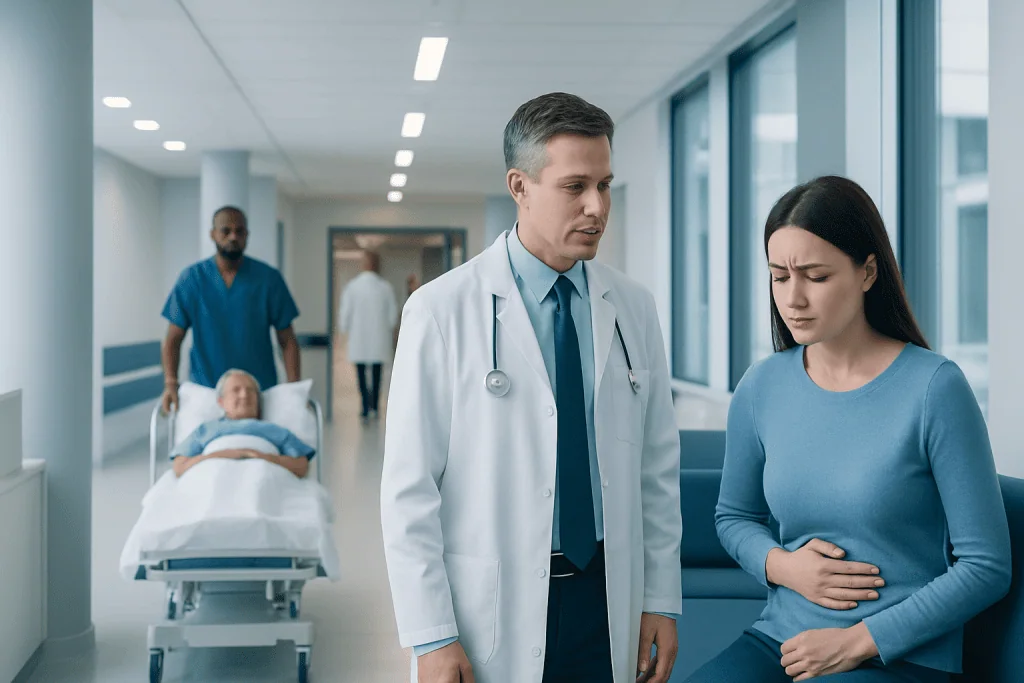 Food Poisoning Treatment: What to Do First and When You Need Medical Care 1 Doctor consulting with a patient in hospital corridor with a patient in bed in background.
