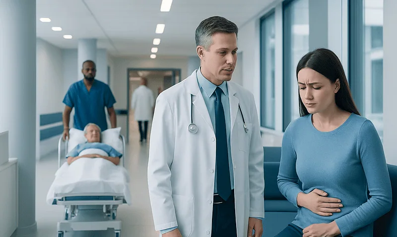 Doctor consulting with a patient in hospital corridor with a patient in bed in background.