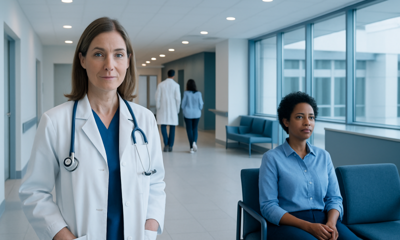 Medical professionals in a hospital corridor with patient seating area.