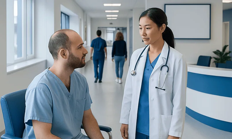 Doctor consulting with patient in hospital corridor.