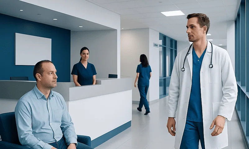 Doctor consulting patient in modern hospital corridor.