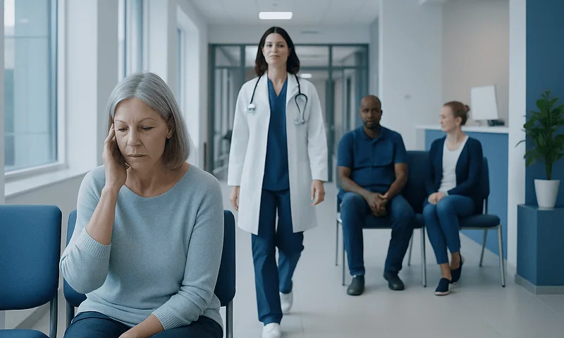 Health Library 16 Senior woman experiencing memory issues in a hospital waiting area.