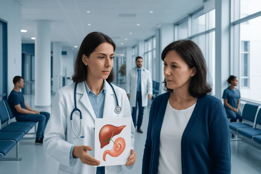 Gallbladder Cancer: Symptoms, Imaging Tests, and Treatment Options 1 Doctor explaining gallbladder diagram to patient in hospital corridor.