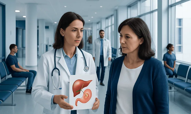 Doctor explaining gallbladder diagram to patient in hospital corridor.