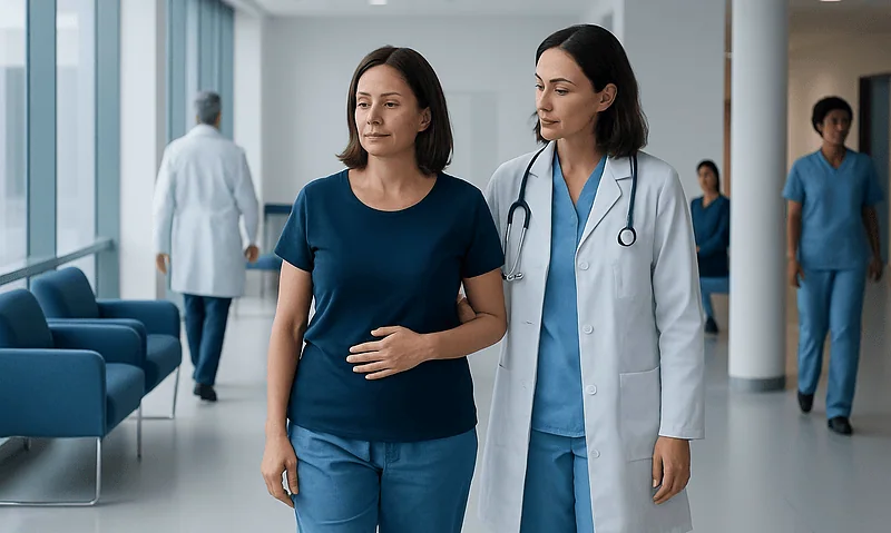 Patient walking with doctor in hospital corridor after gallbladder surgery.