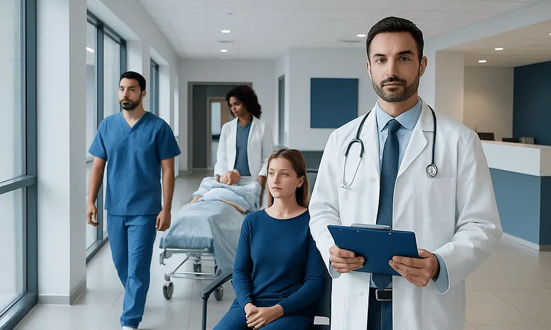 Doctor with clipboard in hospital corridor with patient and medical staff.