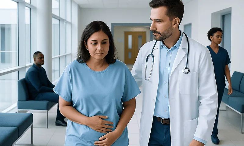 Doctor consulting female patient in hospital corridor.