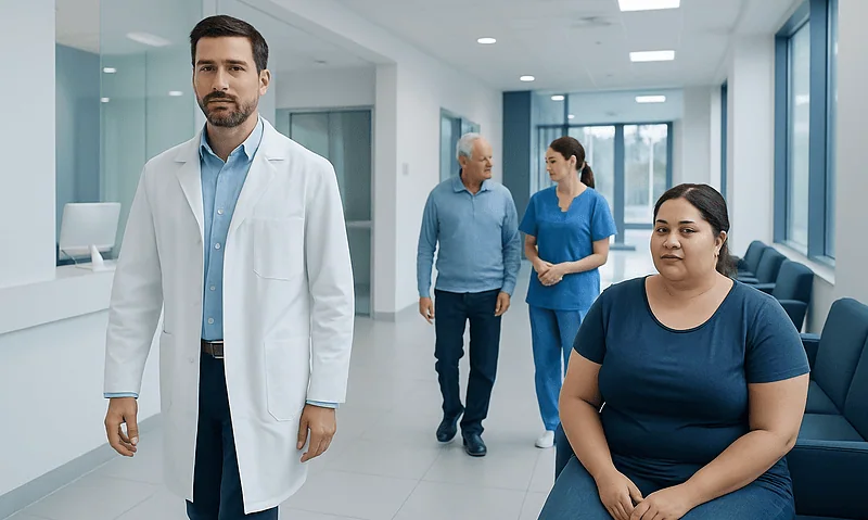 Doctor and patients in a modern hospital corridor.
