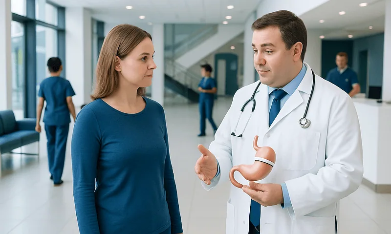 Doctor explaining gastric banding procedure to a patient in hospital.