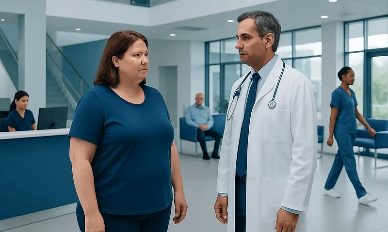Doctor consulting a patient in a modern hospital lobby.