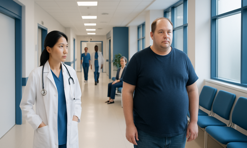 Patient waiting in hospital corridor with medical staff nearby.