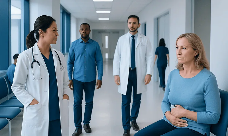 Gastrointestinal Disease: Early Symptoms, Diagnosis, and Treatment Options 14 Medical team consulting a patient in hospital corridor.