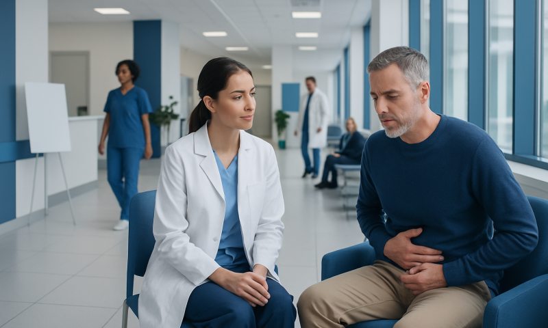 Gastrointestinal Disease: Common Causes, Symptoms, and Diagnosis 1 Doctor consulting with a patient in a hospital corridor.