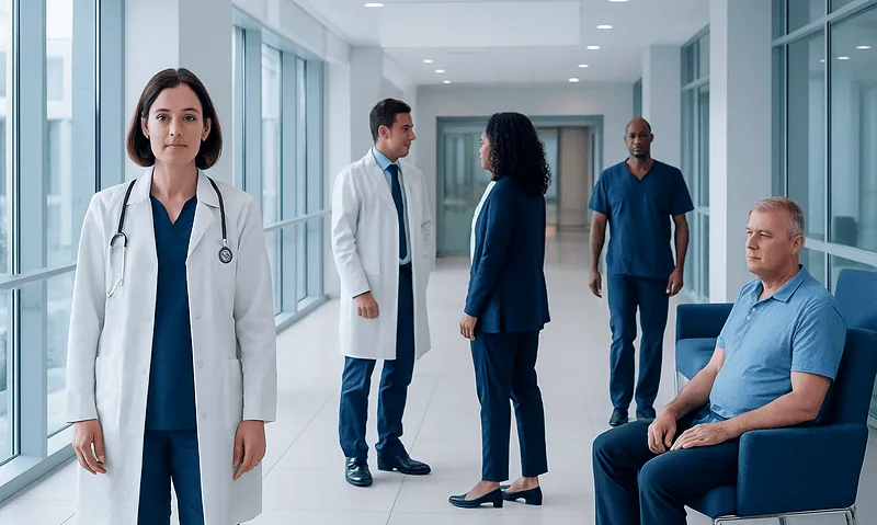 Medical team and patient in hospital corridor at Acibadem Hospitals Group.