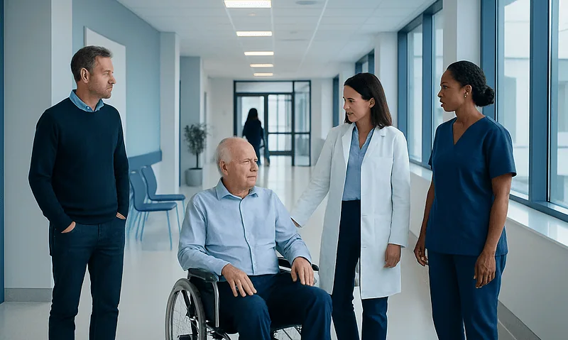 Elderly patient in wheelchair with medical staff in hospital corridor.