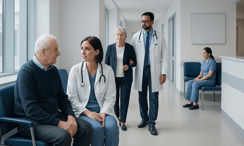Geriatric patient consultation in a hospital corridor with medical staff.