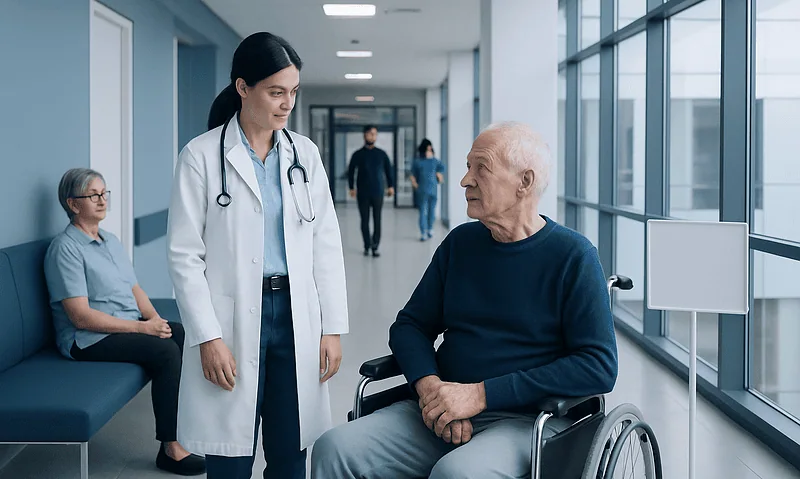 Healthcare professional consulting elderly patient in hospital corridor.