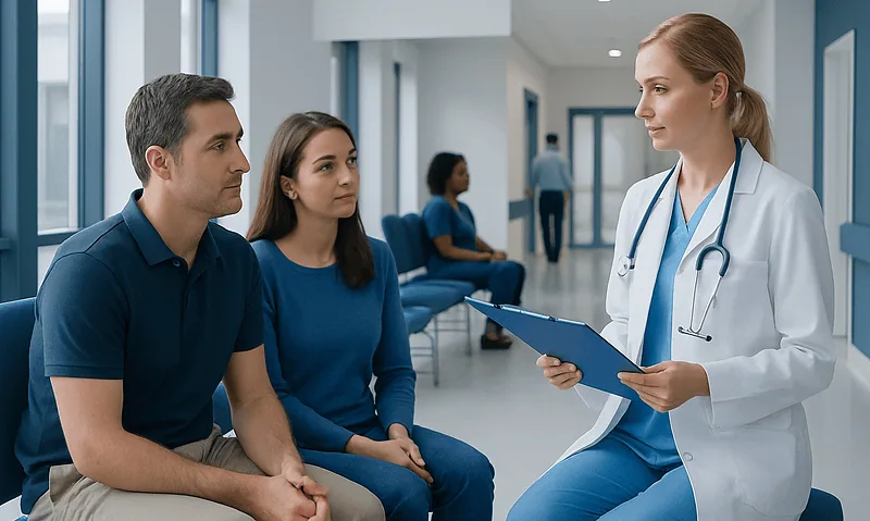 Doctor consulting with couple in hospital waiting area about fertility treatment.