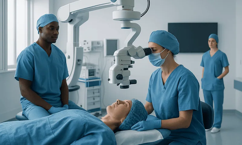 Surgeons perform eye surgery using advanced microscope equipment in a modern hospital.