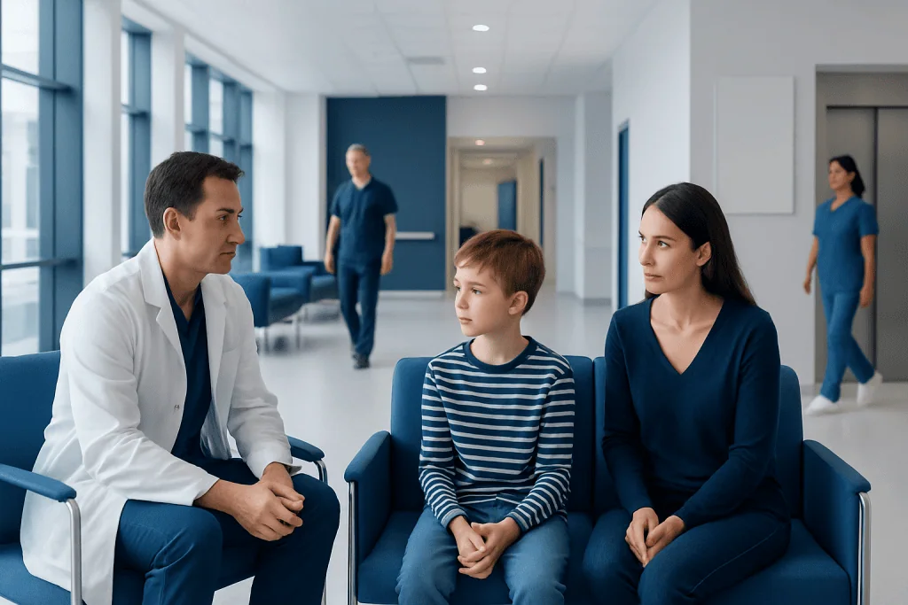 Growth Hormone Testing: When It Is Measured and What Results May Mean 1 Doctor consulting with young patient and parent in hospital corridor.