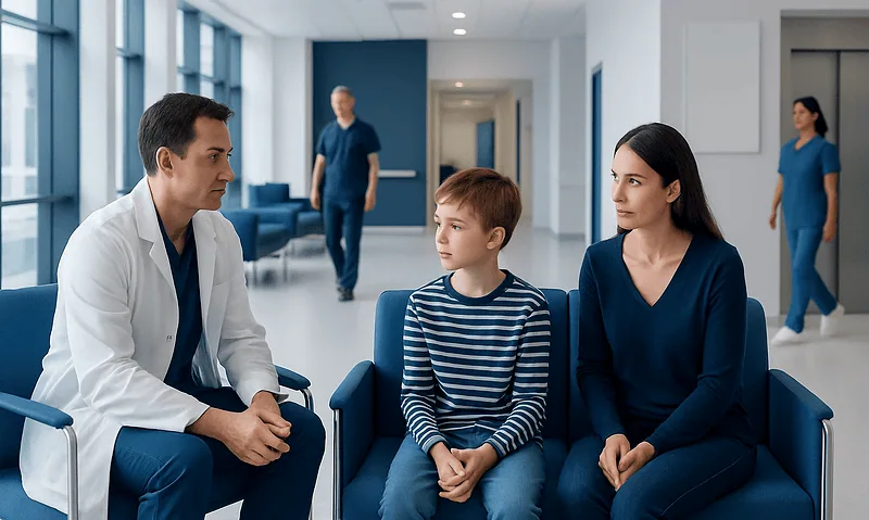 Doctor consulting with young patient and parent in hospital corridor.