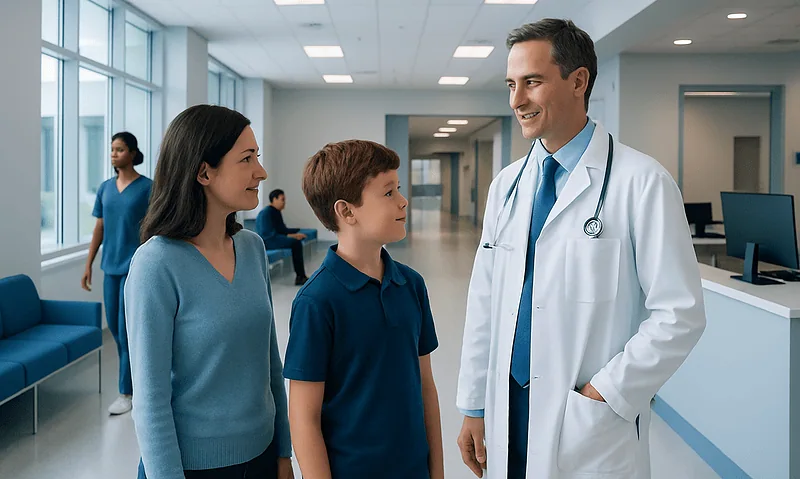 Doctor talking to young patients in a hospital corridor.