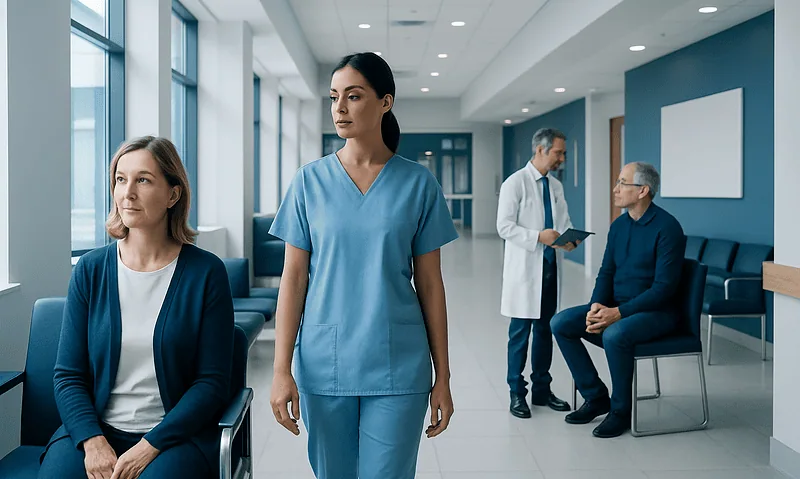 Healthcare professionals and patients in a modern hospital waiting area.