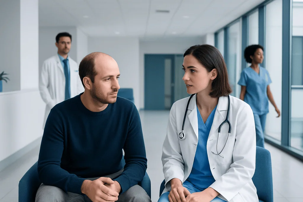 Hair Loss Treatment: Which Options Work for Thinning Hair in Men and Women? 1 Doctor consulting with male patient in hospital corridor.