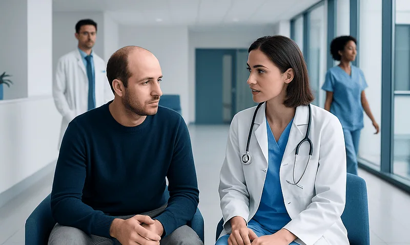 Doctor consulting with male patient in hospital corridor.