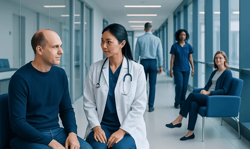 Doctor consulting with patient in hospital corridor.