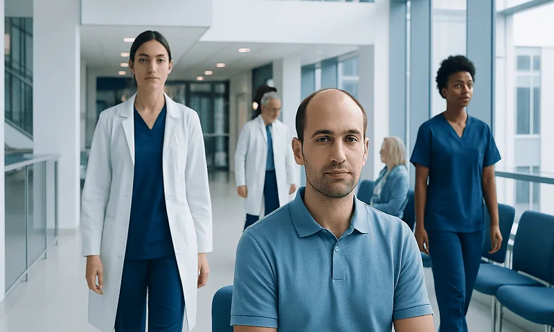 Medical team in hospital corridor with patient in foreground.