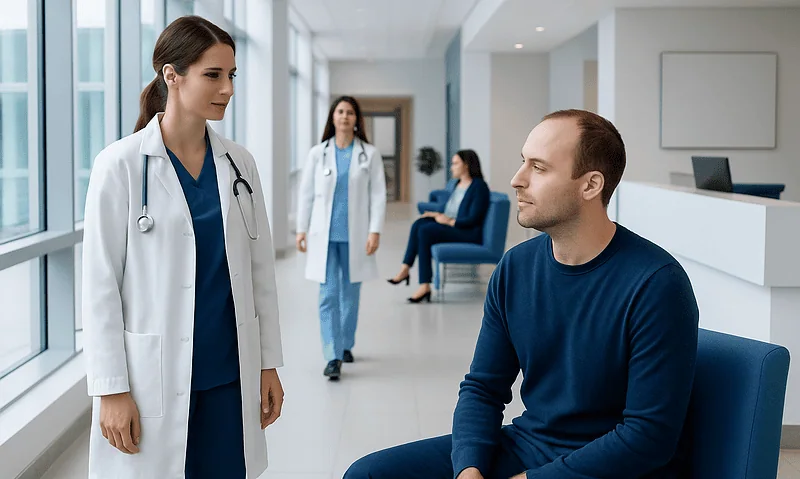 Doctor consulting a patient in a modern hospital corridor.