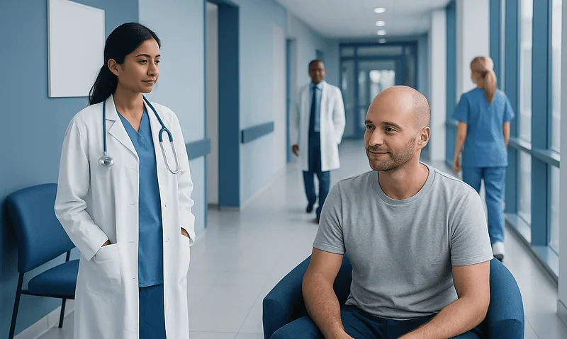 Patient consulting with doctor in hospital corridor.