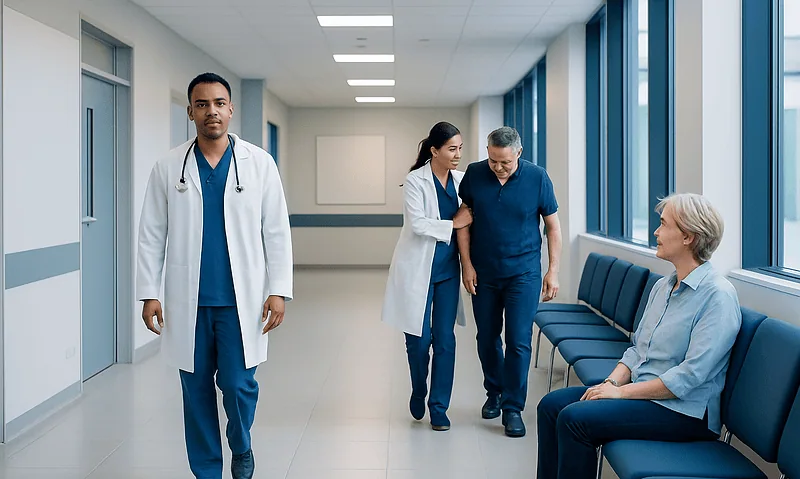 Medical team assisting a patient in a hospital corridor.