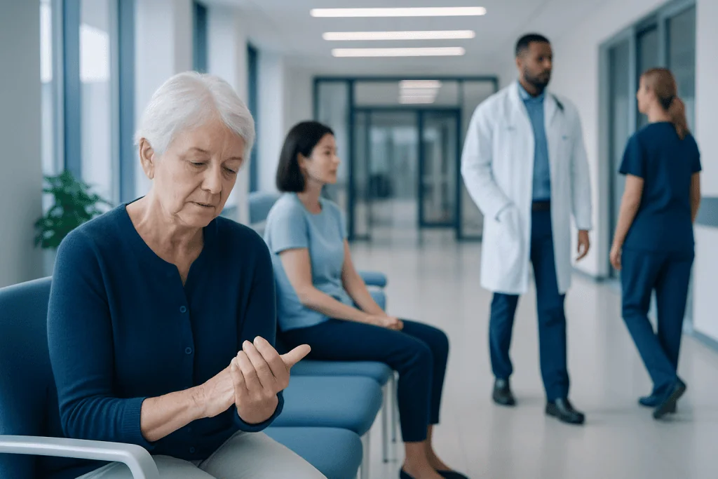 Hand Arthritis: Finger Joint Pain, Stiffness, and Treatment Options 1 Elderly woman with hand pain at hospital waiting area.