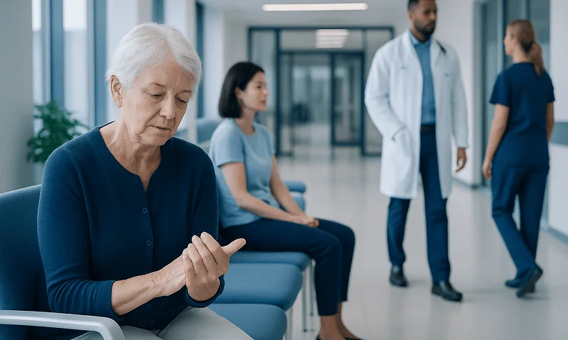 Elderly woman with hand pain at hospital waiting area.
