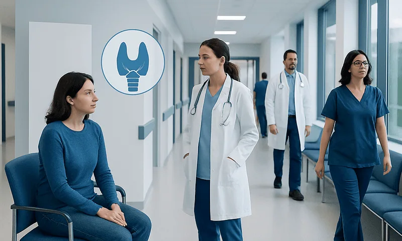 Doctor consulting patient in hospital corridor at Acibadem Hospitals Group.