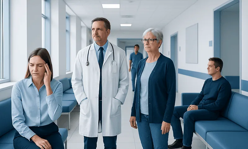 Patients waiting in a hospital corridor with a doctor and nurse discussing health.