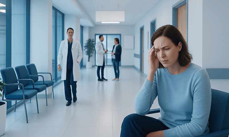 Woman with headache in hospital corridor with doctors in background.