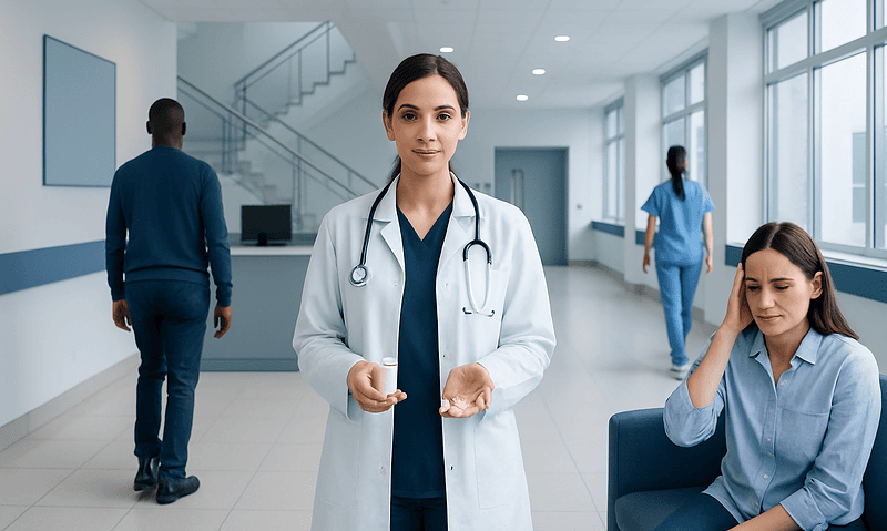 Healthcare professionals in a modern hospital corridor with a doctor and patients.