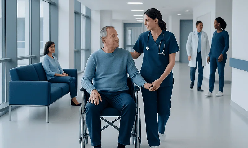 Heart Attack Recovery: What to Expect in the Days and Weeks After 4 Healthcare professionals caring for a senior patient in a hospital corridor.
