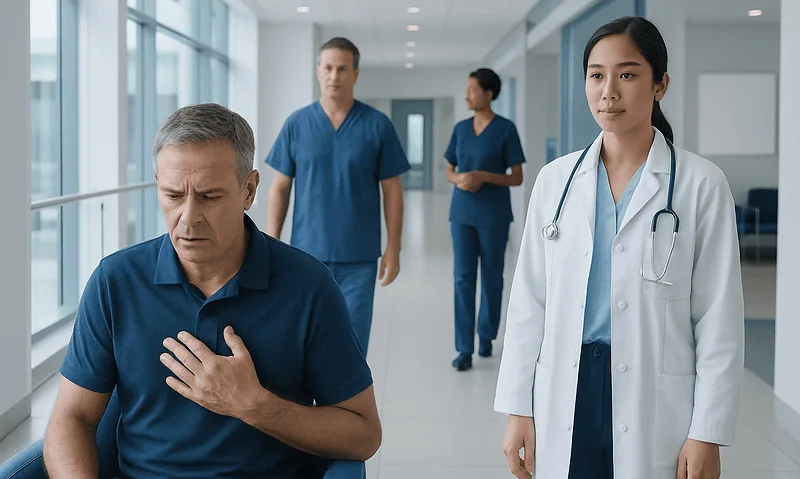 Patient experiencing chest pain with medical staff nearby in hospital corridor.
