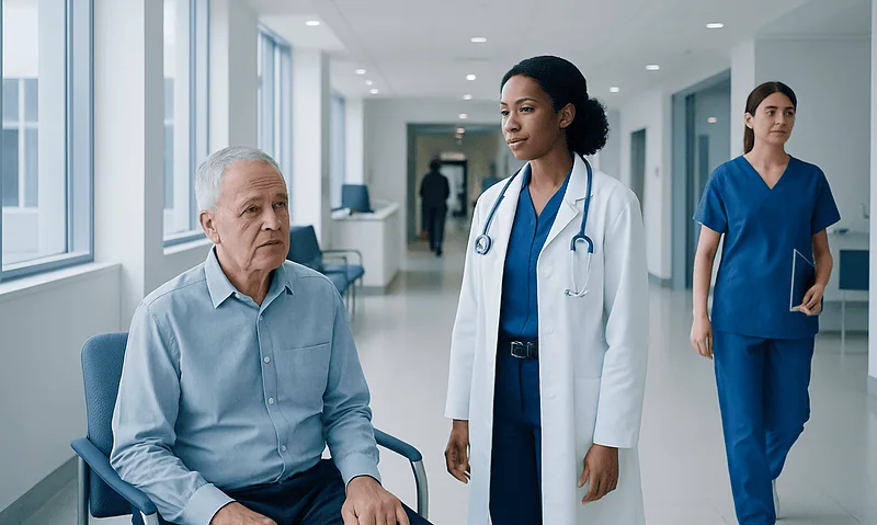 Doctor consulting elderly patient in hospital corridor.