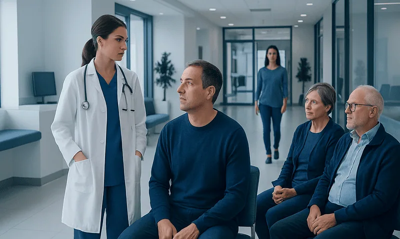 Heart Failure Diagnosis: Tests, Imaging, and What Results Mean 16 Doctor consulting with patients in a hospital waiting area.